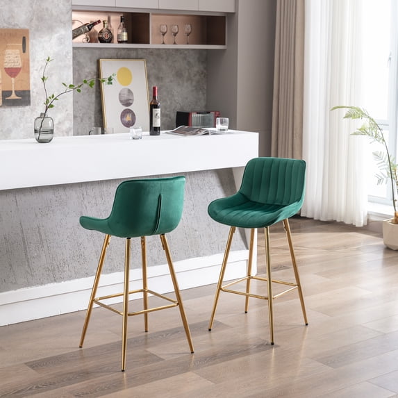 Dtwnek 2 Pcs 26" Velvet Bar Stools with Metal Footrest, Counter Stool for Dining Room, Bar, Kitchen, Green