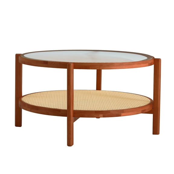 Dtwnek 2 Tiers Coffee Table Tea Table with Glass Tabletop, Wood Side Table for Living Room, Office