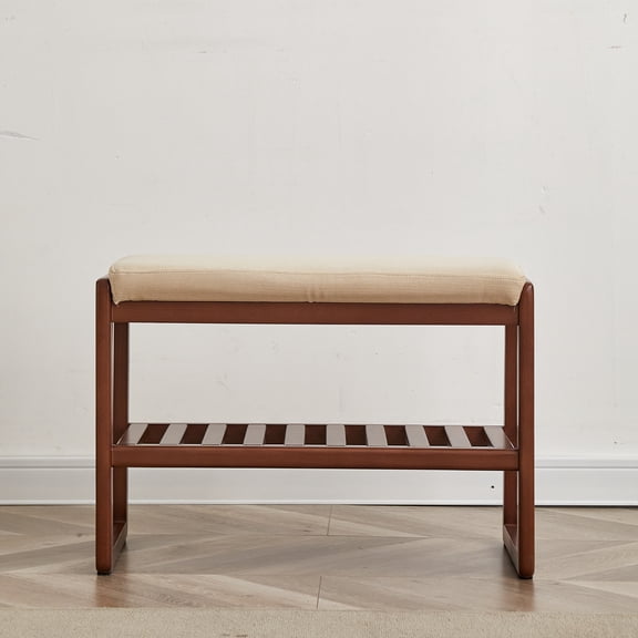 Dtwnek 2 Tiers Shoe Storage Rack with Wood Frame, Padded Seat Shoe Bench for Living Room, Bedroom