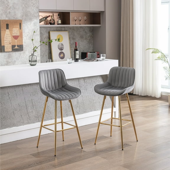 Dtwnek 2PCS Velvet Fabric Counter Bar Stools Footrest with Golden Leg, Gray, 30"
