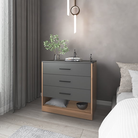 Dtwnek 3 Drawer Beside Table with Open Shelf, Gray+Brown