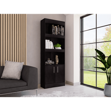 Dtwnek 3 Shelves Wood Bookcase Book Storage with Double Door Cabinet, Black