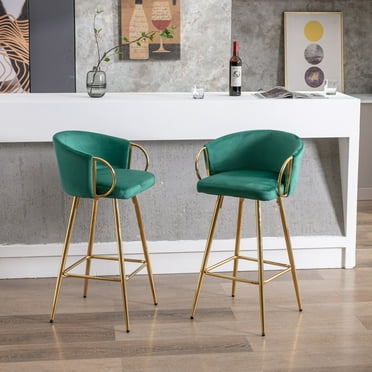 Dtwnek 30" Velvet Bar Stools with Chrome Footrest + Golden Leg, Green, 2 Pack