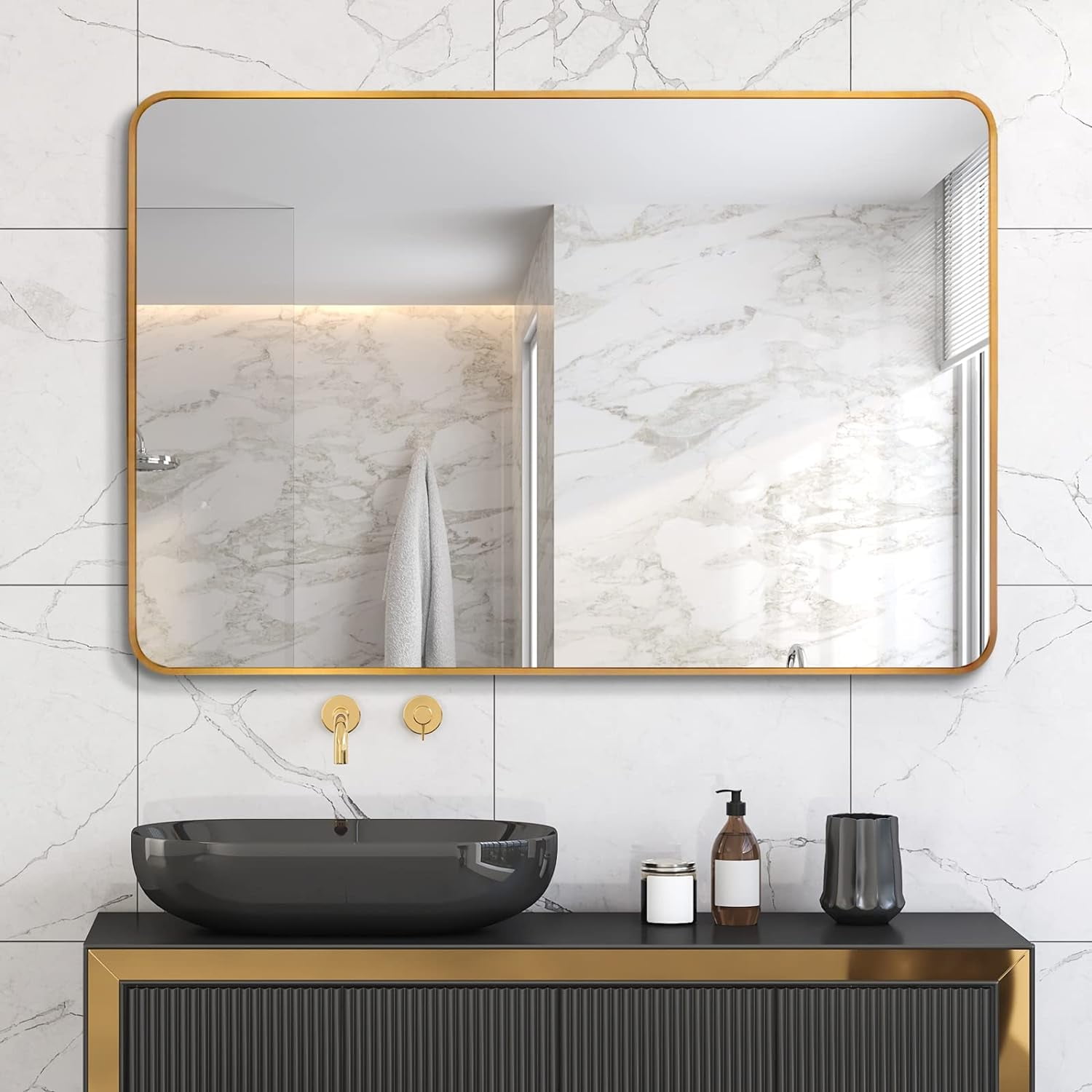 Dtwnek 30"x40" Rectangular Aluminium Frame Bathroom Wall Mirror, Gold