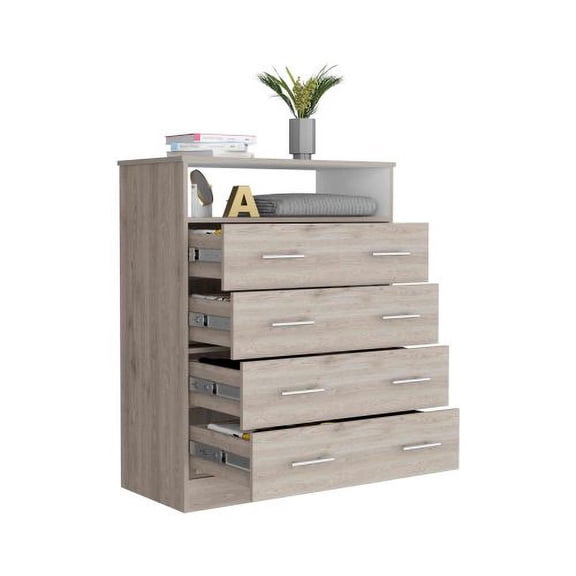 Dtwnek 4 Drawer Dresser with 1 Open Shelf, Light Gray