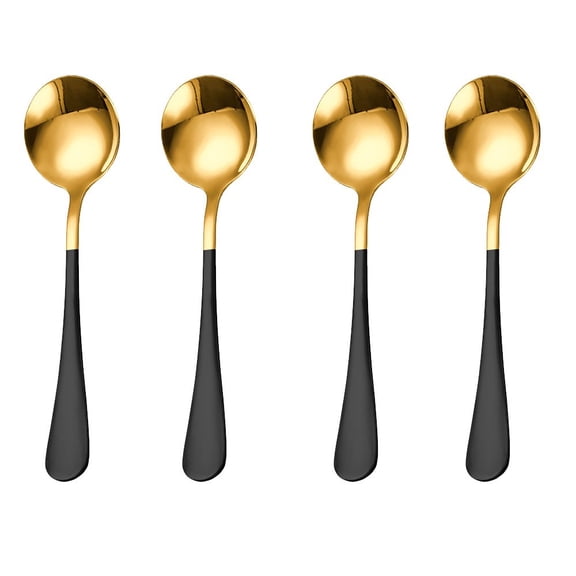 Dtwnek 4 Pack Stainless Steel Long Handled Soup Spoons, Table Spoons, Black+Gold, 6.3 Inches