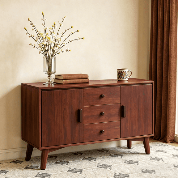 Dtwnek 47.3" Sideboard Buffet Cabinet with 2 Doors and 3 Drawers, Kitchen Storage Cabinet for Kitchen, Dining Room, Living Room, Brown