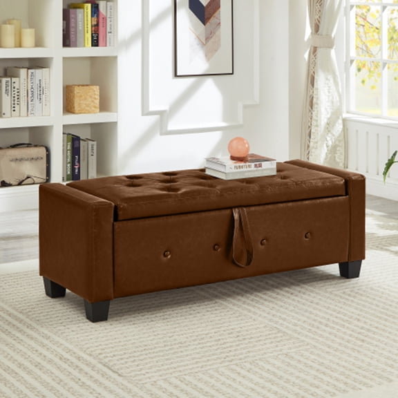 Dtwnek 48" Upholstered Storage Ottoman with Wood Frame, Faux Leather Storage Bench for Bedroom, Living Room, Hallway, Brown