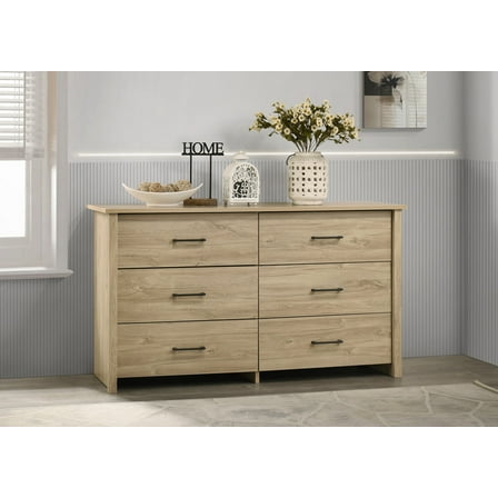 Dtwnek 57"W 6 Drawer Dresser with Handles, Light Brown