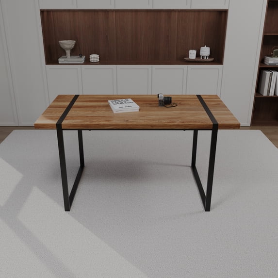 Dtwnek 59" Rectangular Dining Table with Metal Base, 1.5" Thick wood Tabletop Dining Table for Home, Kitchen, Dining Room, Dark Brown