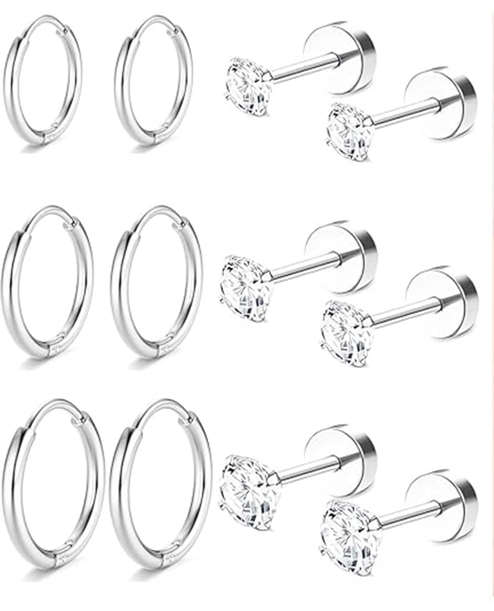 Dtwnek 6 Pairs Small Hoop Earrings 316L Stainless Steel Stud Earrings Flat Back Stud Earring for Women Men, Silver