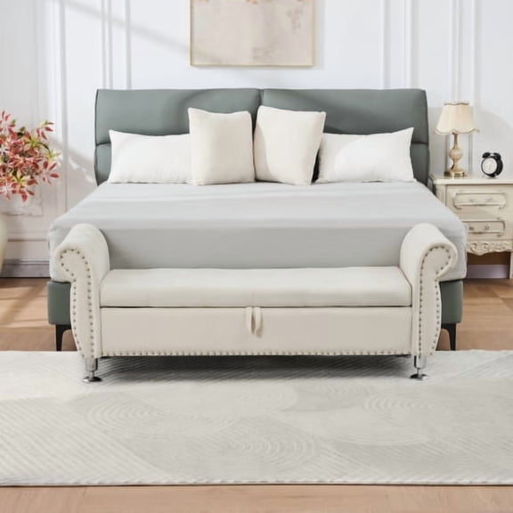 Dtwnek 62.2 Inch Soft Velvet Storage Bench with Wood Frame, Suitable for Bedroom, Living Room, Beige