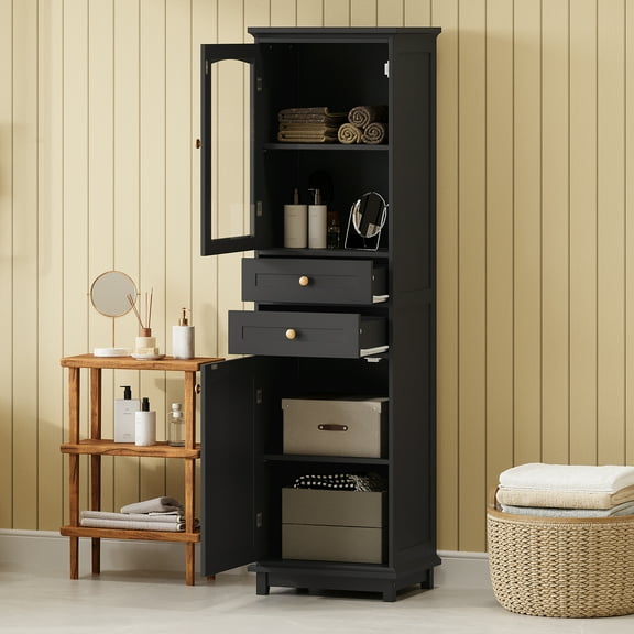 Dtwnek 63" Tall Bathroom Storage Cabinet with Glass Doors and 2 Drawers and 4 Shelves, Freestanding Display Cabinet for Living Room, Black