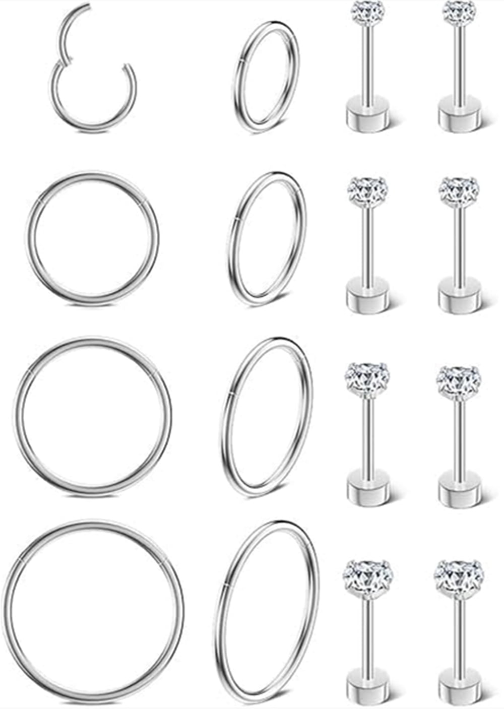 Dtwnek 8 Pairs Small Hoop Earrings 316L Stainless Steel Stud Earrings Flat Back Stud Earring for Women Men, Silver
