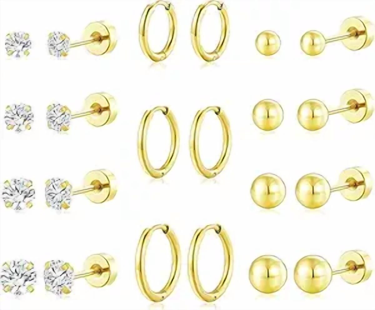Dtwnek 9 Pairs Small Hoop Earrings 316L Stainless Steel Stud Earrings Flat Back Stud Earring for Women Men, Gold