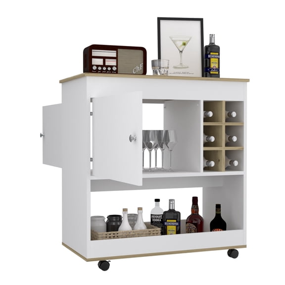 Dtwnek Bar Cart with 6 Bottle Bottle Rack and 1 Cabinet, Light Brown + White