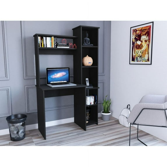 Dtwnek Computer Desk with 5 Cubbies, Black
