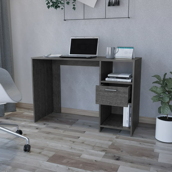 Dtwnek Computer Desk with Single Drawer and Open Storage Cabinets, Dark Gray