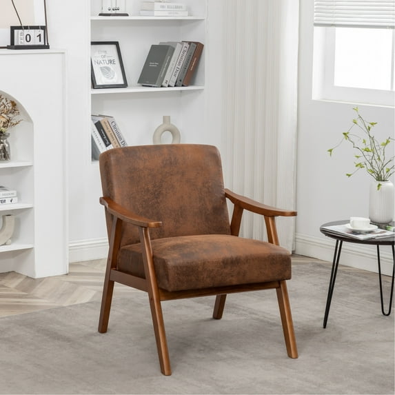 Dtwnek Fabric Upholstery Accent Chair with Solid Wood Frame, Mid-Century Modern Armchair for Living Room, Bedroom, Office, Brown