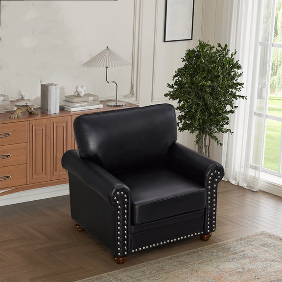 Dtwnek Faux Leather Living Room Sofa Single Seat Chair with Wood Leg, Black