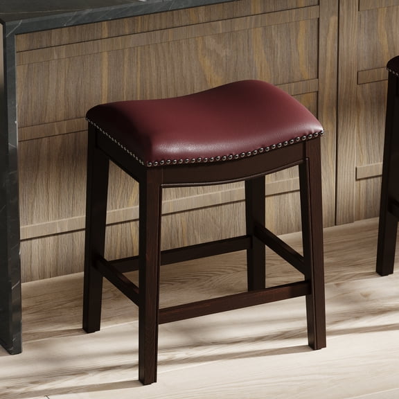 Dtwnek Faux Leather Upholstered Seat Backless Bar Stool with Wood Frame, 26in Counter Height Barstool for Bar, Dining Room, Red