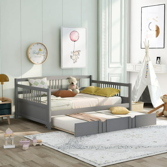 Dtwnek Full Size Daybed Wood Bed with Twin Size Trundle,Gray
