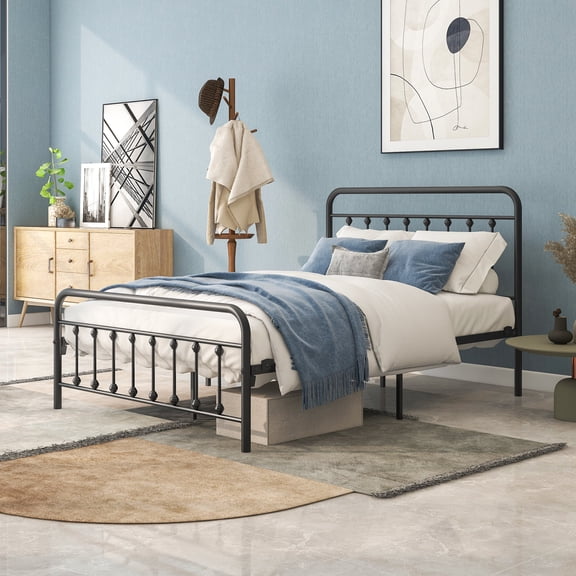 Dtwnek Home Bedroom Metal Platform Bed Frame with Headboard / Strong Slat Support / No Box Spring Needed, Black