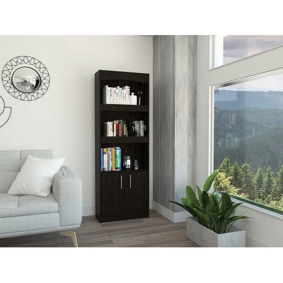 Dtwnek Home Office Bookcase Bookshlef with Metal Hardware, 3 Shelves, Double Door Cabinet, Black