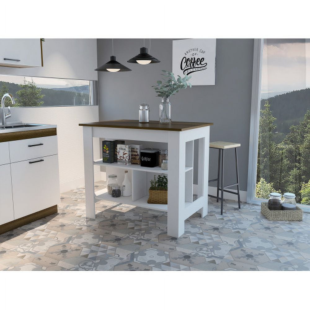 White and Dark Brown Particle Board Kitchen Island with Three Shelves