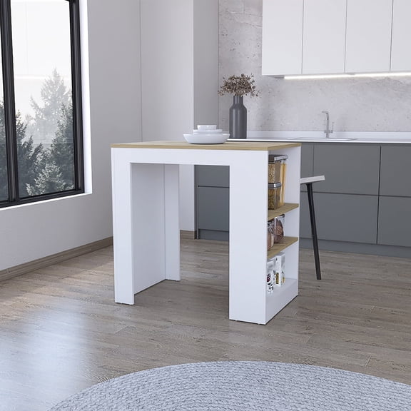 Dtwnek Kitchen Island with 3 Side Shelves, White + Light Brown
