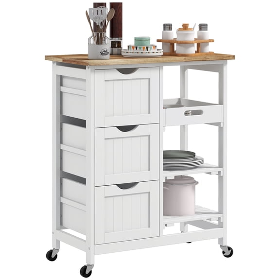 Dtwnek Kitchen Island with Wheels and Open Shelf, Rolling Serving Cart with Drawers, White