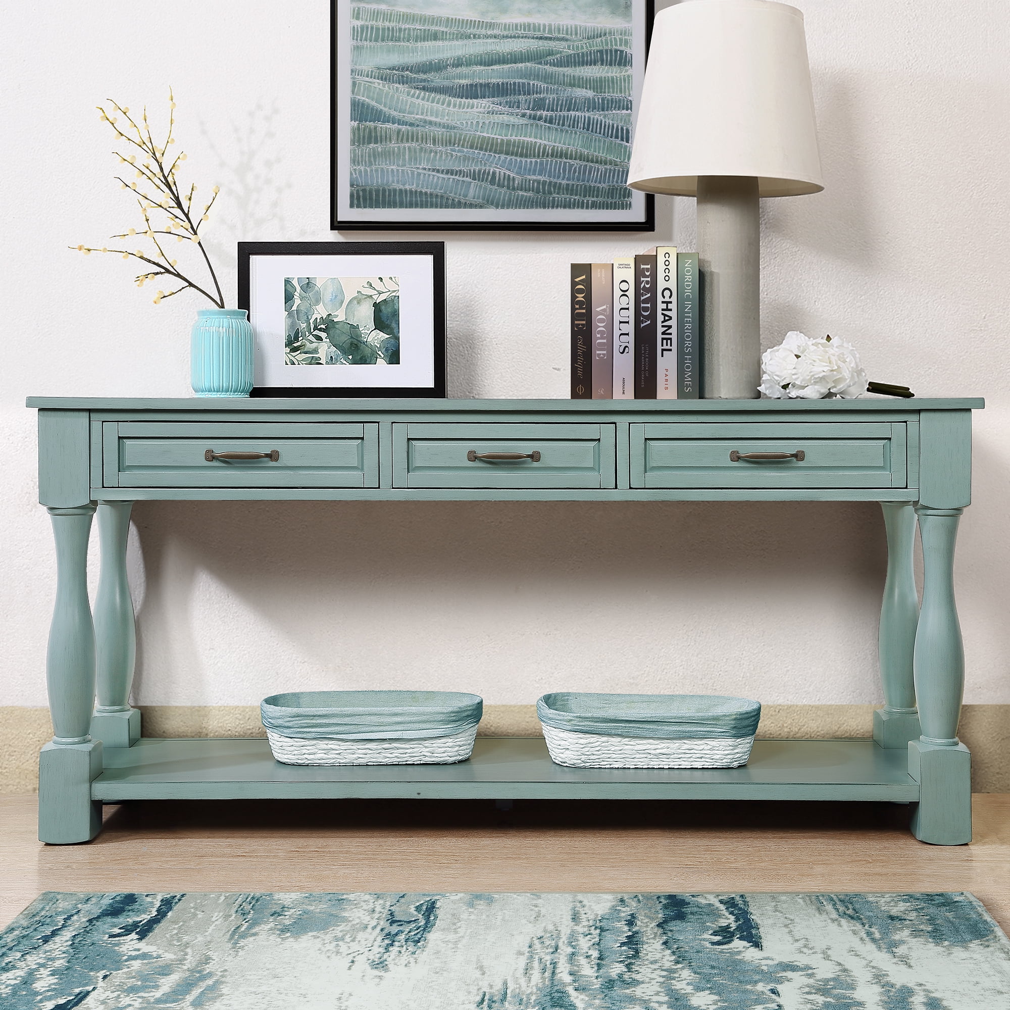 Dtwnek Long Wood Console Table with 3 Drawers and 1 Bottom Shelf for ...