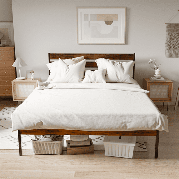 Dtwnek Metal Wood Platform Bed Frame with Rustic Wood Headboard & Footboard, Brown