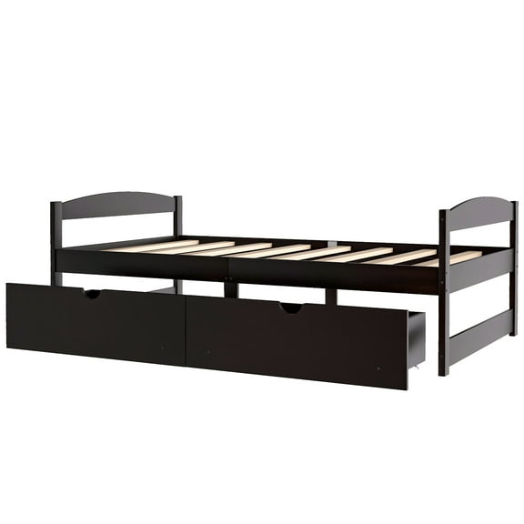 Dtwnek Modern Twin Size Platform Bed with 2 Drawers, Dark Brown