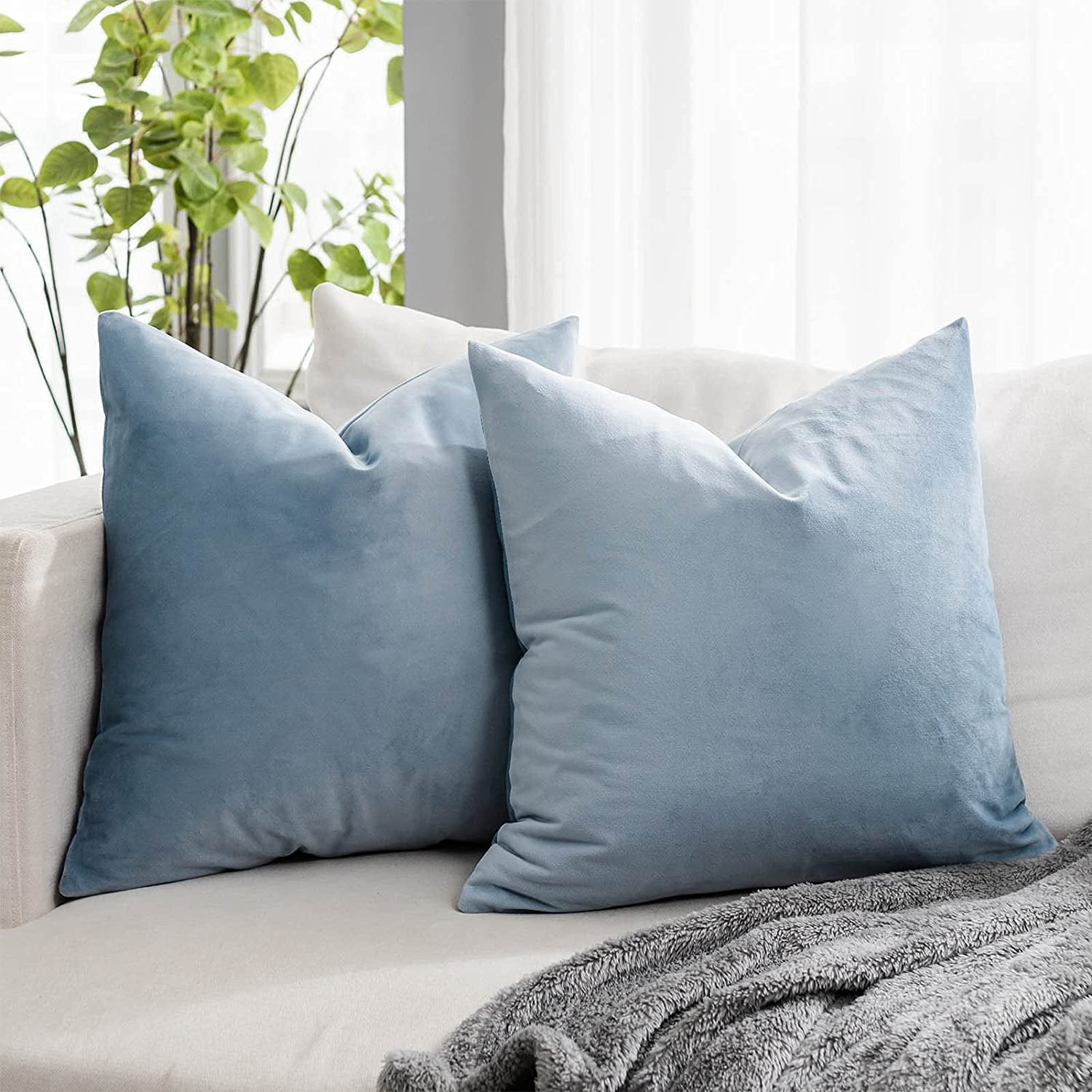 Light Blue Velvet Square Throw Pillow Covers Set of 2, 16" x 16"