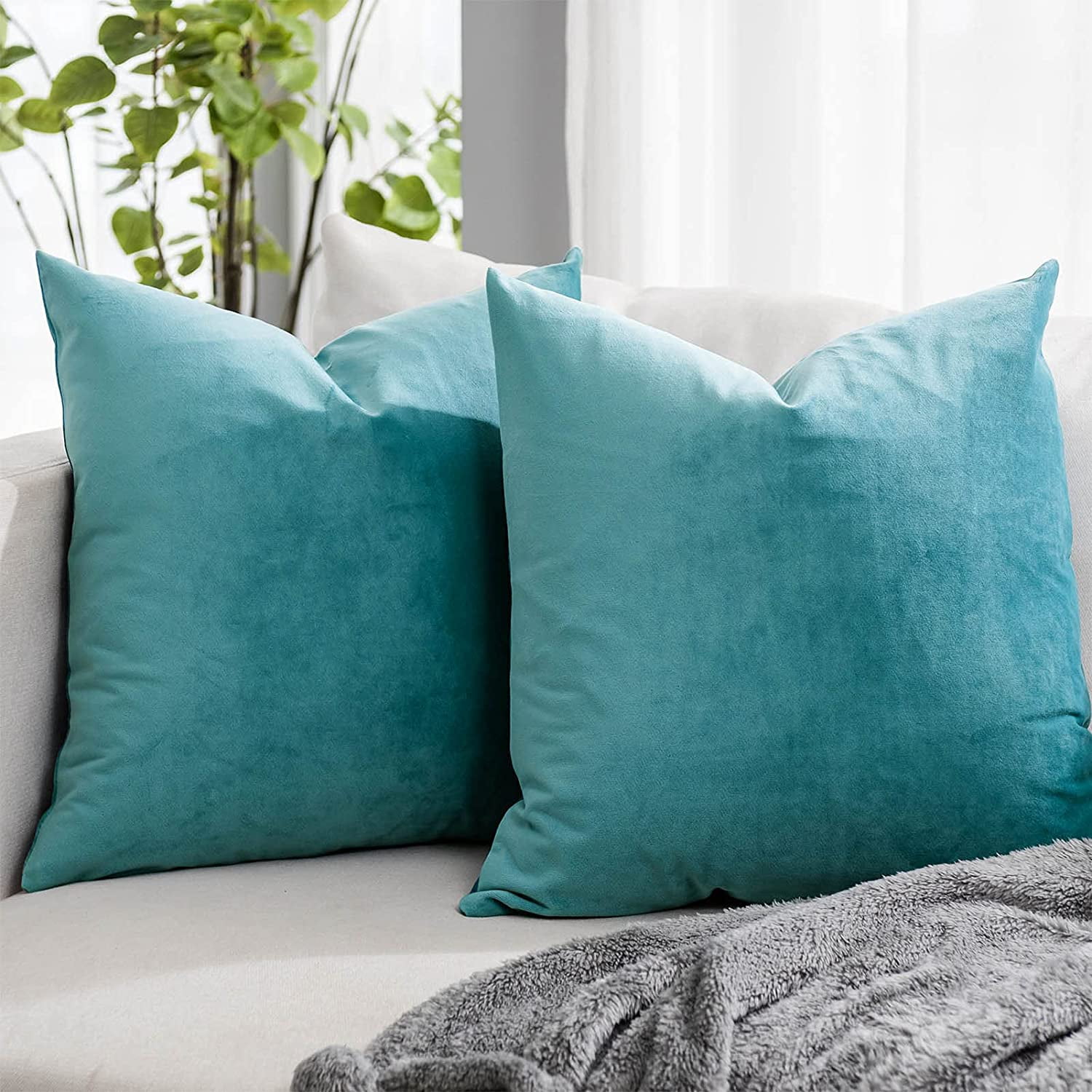 Teal Velvet Square Pillow Covers Set of 2