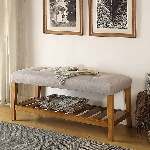 Dtwnek Padded Seat Bench for Living Room, Bedroom, Dining Room, Light Gray + Brown