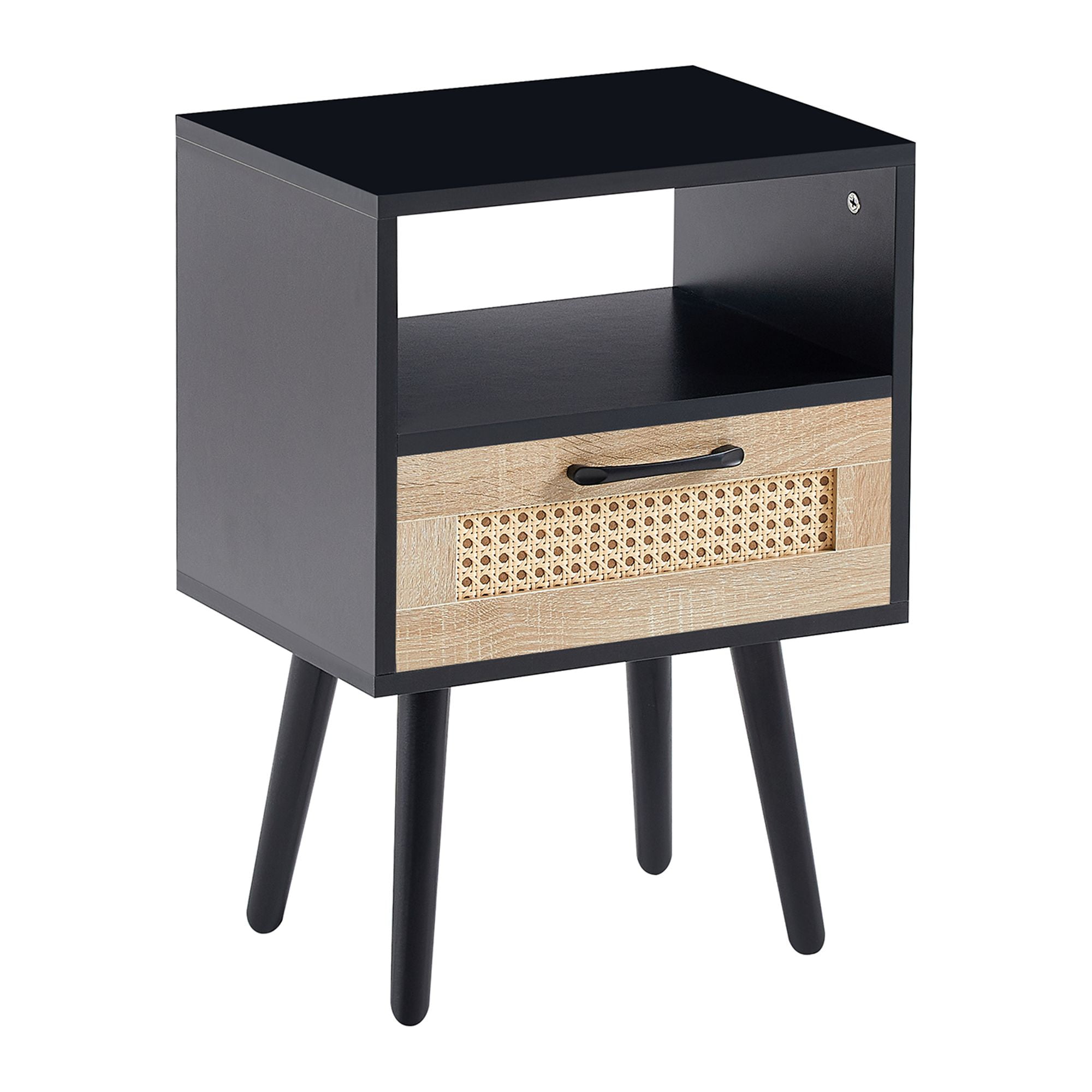 Black MDF and Rattan Nightstand with Solid Wood Legs