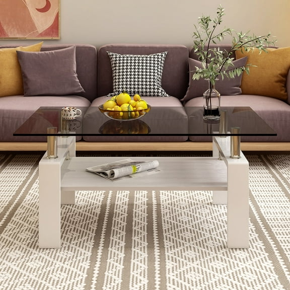 Dtwnek Rectangle Tempered Glass Tabletop Coffee Table with White Legs, Modern Tea Table Center Table for Living Room, Gray Glass