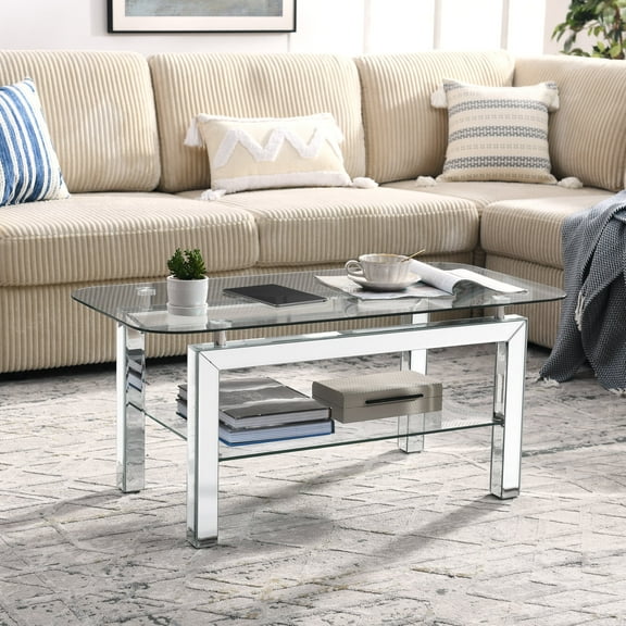 Dtwnek Rectangular Tempered Glass Coffee Table with Mirrored Stainless Leg, 2 Tier Tea Table Side Table for Waiting Room, Office, Living Room, 20"D x 40"W x 18"H, Silver