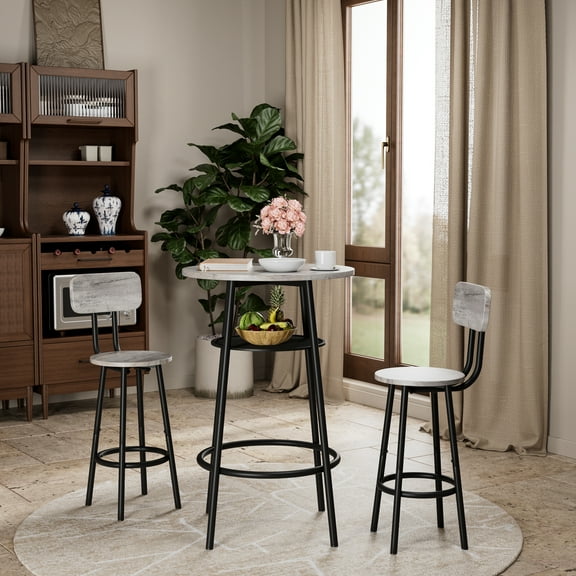 Dtwnek Round Bar Table Set with 2 Bar Stools, Modern Table Stools Set for Living Room, Dining Room, Bar, Gray
