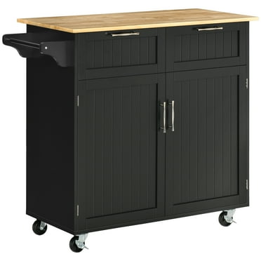 Dtwnek Rubberwood Top Kitchen Rolling Island with Wheels and Drawers, Kitchen Cart for Living Room, Dining Room, Black