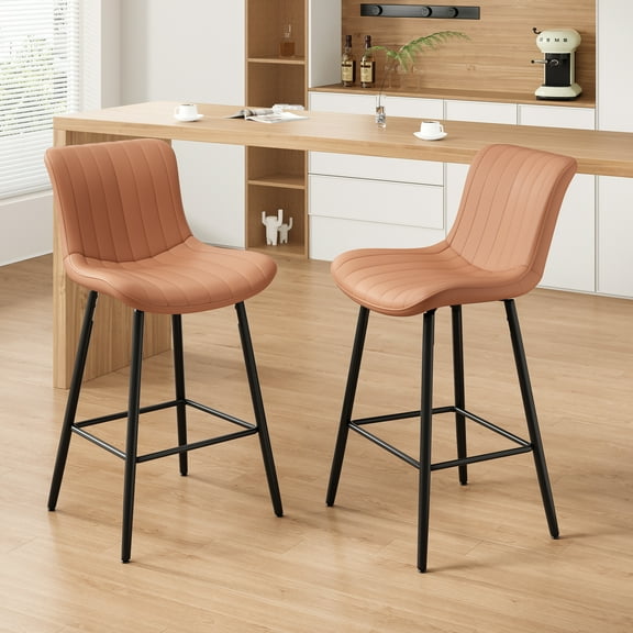 Dtwnek Set of 2 Faux Leather Counter Stools with Metal Frame,Mid Century Modern Bar Stools for Dining Room, Bar, Living Room, Brown