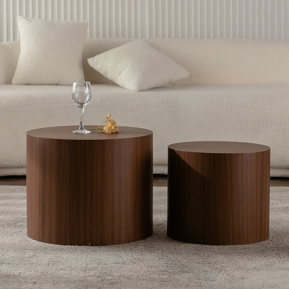 Dtwnek Set of 2 Round Wooden Coffee Table Side Table for Small Space Living Room Bedroom, Dark Brown