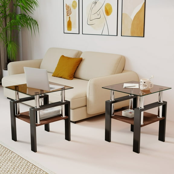 Dtwnek Set of 2 Tempered Glass Tabletop Tea Table with MDF Layer, Square Coffee Table End Table for Living Room, Office, Brown+Black