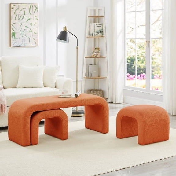 Dtwnek Set of 3 Modern Bench Ottoman with Wood Frame, End of Bed Bench Footrest for Living Room, Bedroom, Orange