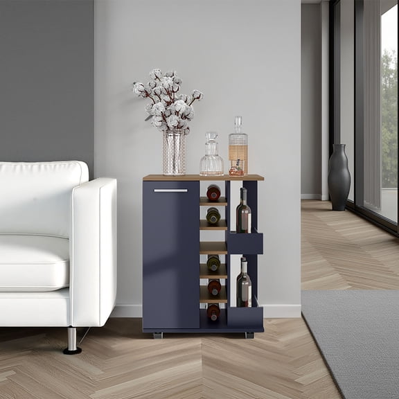 Dtwnek Single Door Bar Cart with 2 Open Shelves and 4 Wheels and 6 Wine Rack, Cabinet, Navy Blue