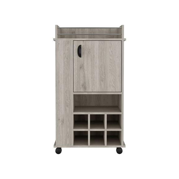 Dtwnek Single Door Bar Cart with Wheels and 6 Wine Bottle Rack, Light Gray