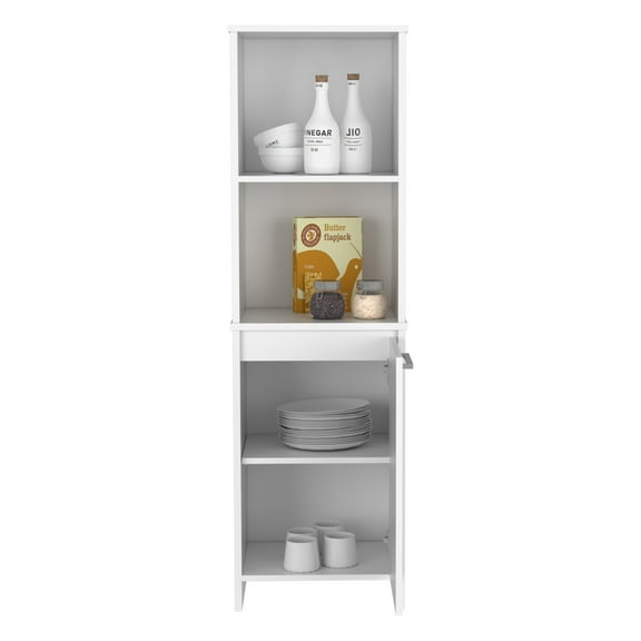 Dtwnek Single Door Kitchen Pantry Cabinet with Inner Shelves and Open Shelves, White