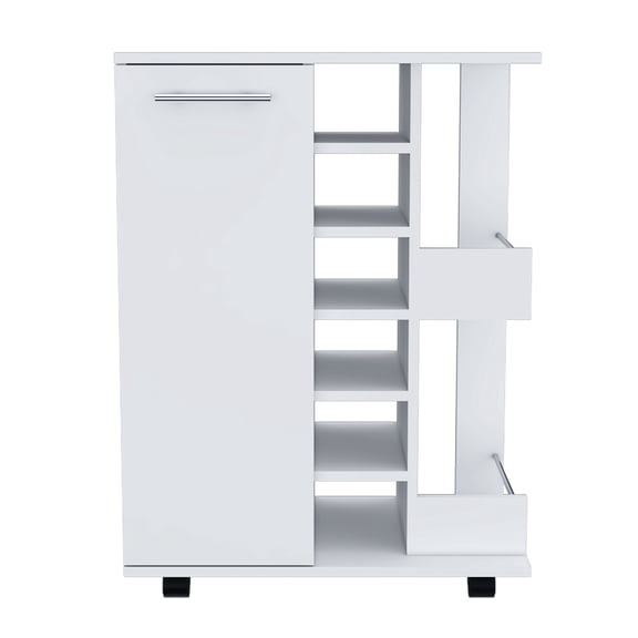 Dtwnek Single Door Wood Bar Cart with 2 Open Shelves and 4 Wheels and 6 Wine Bottle Rack, White